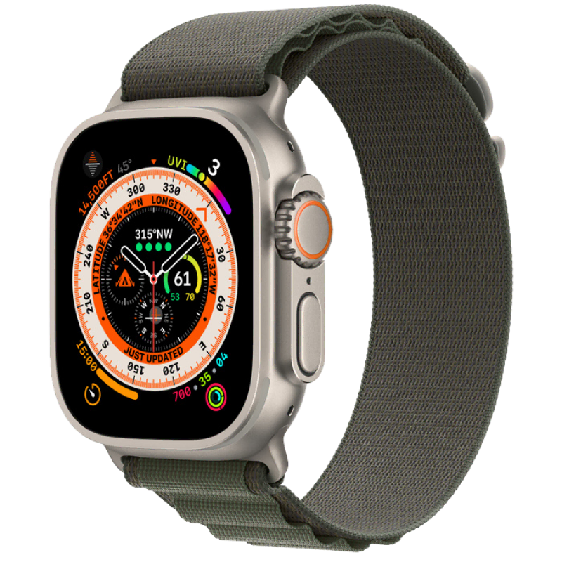 Apple Watch Series Ultra 49mm Titanium Case with Green Alpine Loop M
