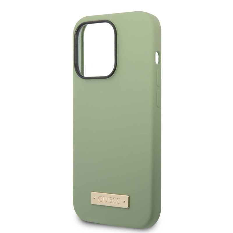 Guess для iPhone 14 Pro чехол Liquid silicone Plate metal logo Hard Green (MagSafe)