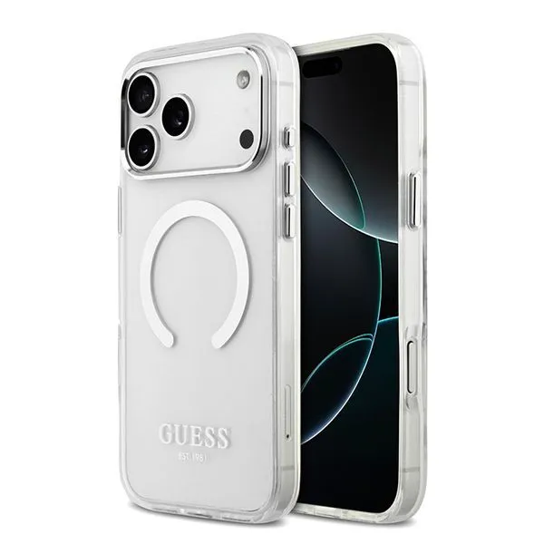 Guess для iPhone 17 Pro Max чехол IML Metal outline and Camera Hard Transparent/Silver (MagSafe)