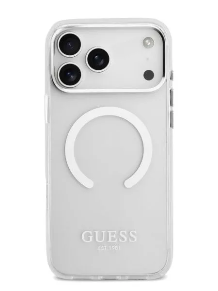 Guess для iPhone 17 Pro Max чехол IML Metal outline and Camera Hard Transparent/Silver (MagSafe)
