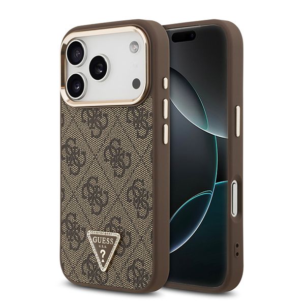 Guess для iPhone 17 Pro Max чехол PU 4G Triangle Diamond metal logo Gold camera Hard Brown (MagSafe)